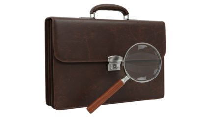 Isolated Brown Leather Briefcase with Magnifying Glass for Investigation