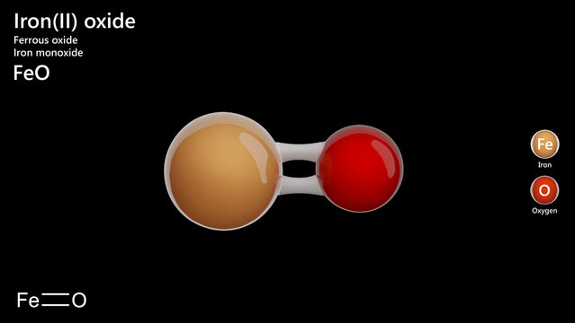 Iron(II) Oxide molecule. Molecular structure. Formula: FeO. Chemical model: Ball and stick. Black background. 3D illustration.