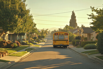 Obraz premium School bus driving down residential street, yellow with black stripes, children's faces visible through window, trees lining sidewalk.