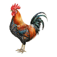 Fototapeta premium Colorful Rooster Poultry Cock Isolated Hand Drawn Watercolor Painting Illustration Detail Decoration