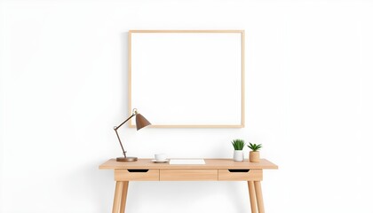 Scandinavian-inspired workspace mockup with wooden desk and empty frame above