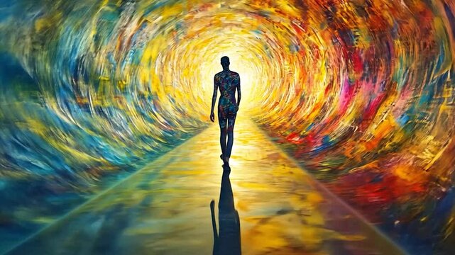 Colorful tunnel, person walking, inner journey, spiritual path