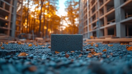 Construction site with a concrete block surrounded by gravel and autumn foliage at sunset