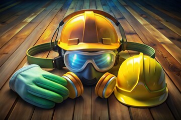 A worker's silent promise of safety and diligence, a hard hat, respirator, and gloves resting on warm wooden planks with dramatic lighting.