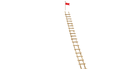 Isolated Wooden Ladder with Red Flag Reaching the Top