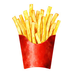 Crispy Golden French Fries in Red Paper Container Isolated Hand Drawn Watercolor Illustration