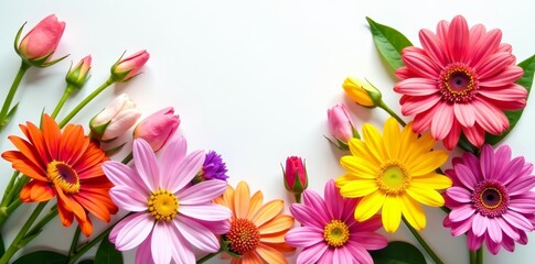 Fototapeta premium Colorful assortment of fresh flowers on a clean white background, arrangement, petals