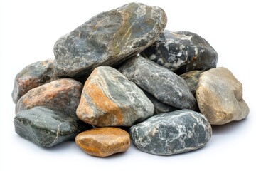 A serene pile of smooth grey and brown river rocks resting on a bright white background