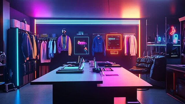 Modern retail space showcasing vibrant clothing and tech setup