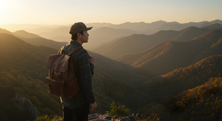 Naklejka premium A lone hiker stands on a mountain peak, gazing at the breathtaking landscape illuminated by the warm hues of sunset.