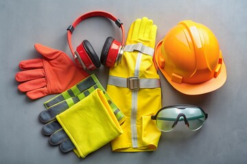 Safety gear, a vibrant collection of protective equipment ready for work, featuring bright yellow and orange, with a hard hat, gloves, and safety glasses.