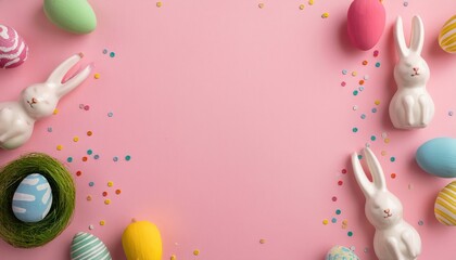 ceramic bunny figurine with pastel easter eggs on pink background with confetti, ideal for spring greeting card, blog header, or seasonal social media graphic

