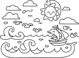 Whimsical Ocean Scene With Smiling Sun Boat And Waves Outline Illustration