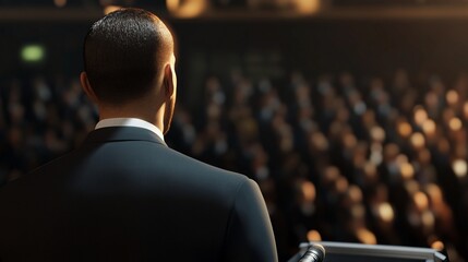 A man in a suit speaking in front of an audience, event representation