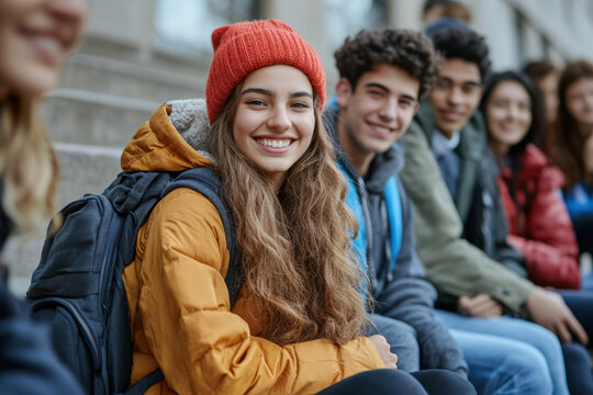 Group of young people sitting on steps, chatting and laughing. Colorful street art in background. Vibrant urban scene captures lively social interaction.