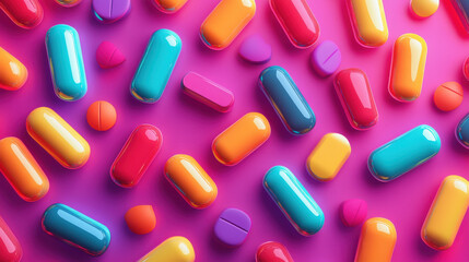 Colorful Capsules and Pills on Pink Background
