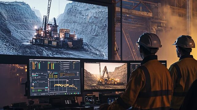 Operators monitoring machinery in a mining site with digital displays