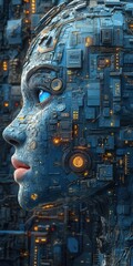 Futuristic Android Woman's Profile with Intricate Circuitry and Glowing Blue Eye, Depicting Advanced Artificial Intelligence