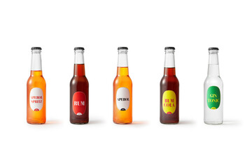 Line of alcohol cocktails in glass bottles isolated on white background