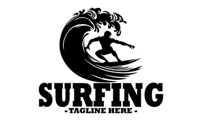 Dynamic black silhouette of a surfer riding a powerful, stylized ocean wave with splashing water details. Line art illustration of surfer, surfer logo design template and surfer vector illustration