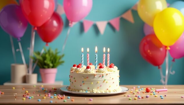 Colorful balloons and birthday cake on table, happy birthday celebration at home, party, celebrating