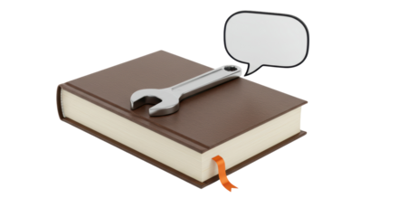 Isolated Book with Wrench and Speech Bubble Representing Knowledge and Skill