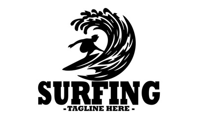 Dynamic black silhouette of a surfer riding a powerful, stylized ocean wave with splashing water details. Line art illustration of surfer, surfer logo design template and surfer vector illustration