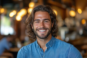 Fototapeta premium Man with long hair smiling at camera.
