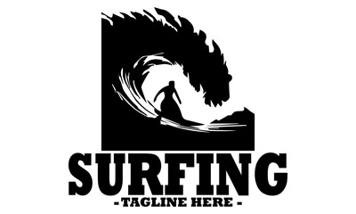 Dynamic black silhouette of a surfer riding a powerful, stylized ocean wave with splashing water details. Line art illustration of surfer, surfer logo design template and surfer vector illustration