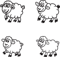 Cute Cartoon Sheep Vector Illustration Set Black And White Line Art