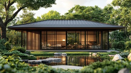 Modern house surrounded by lush greenery and a tranquil pond at sunset