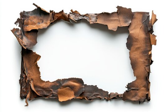 Burned edges frame textured paper border remnants of fire scorched paper rectangle brown and black tones charred edges grunge texture