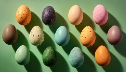 colorful pastel and speckled easter eggs arranged in geometric pattern on green background for spring holiday designs, greeting cards, and seasonal ads

