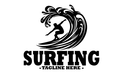 Dynamic black silhouette of a surfer riding a powerful, stylized ocean wave with splashing water details. Line art illustration of surfer, surfer logo design template and surfer vector illustration