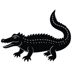 Crocodile vector silhouette with mouth open in calm resting pose on clean white background illustration