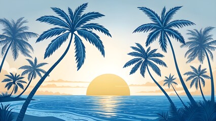 Fototapeta premium Abstract tropical illustration with stylized palms, orange-yellow sunrise and glowing rays, two-tone blue shoreline curves, smooth minimal shapes and lines, 8K high-definition