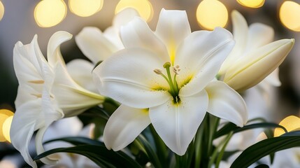 Fototapeta premium Close up of pristine white Easter lilies on a church altar with soft backlighting