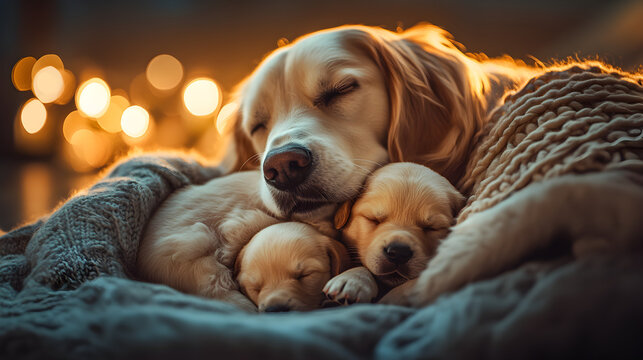 una mama de perritos cachorros descansando junto con su madre en tranquilidad y relajacion mascotas adorables domesticos