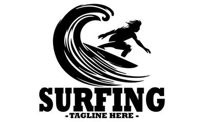 Dynamic black silhouette of a surfer riding a powerful, stylized ocean wave with splashing water details. Line art illustration of surfer, surfer logo design template and surfer vector illustration