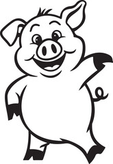 Fototapeta premium Cheerful Cartoon Pig Standing On Two Legs Black And White Vector