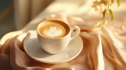 Styled coffee scene with latte art, elegant cup, silk fabric, and muted tones for a peaceful ambiance