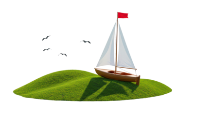 Isolated Sailboat on Green Island with Flying Seagulls