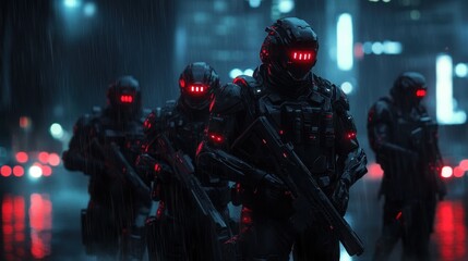 Fototapeta premium Futuristic soldiers patrol neon-lit city streets at night