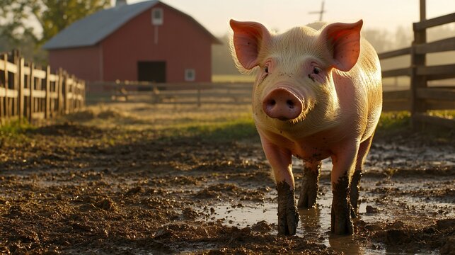 Pig walking towards camera on muddy farm path with red barn and fence
