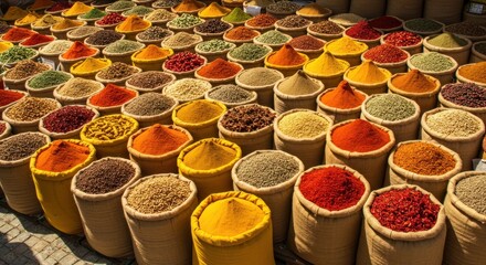 Fototapeta premium Spices Market - Variety of Spices in Sacks, Photo