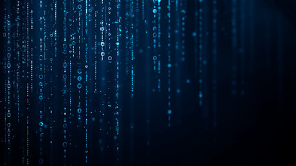 Falling lines of glowing binary code on a dark background, resembling a digital rain effect; a futuristic concept often used in cybersecurity and tech themes.