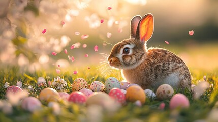Rabbit watches Easter eggs on sunny grass with falling pink flower petals