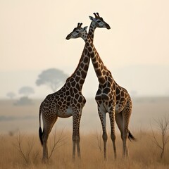 Obraz premium Two giraffes crossing necks, foggy savannah in background