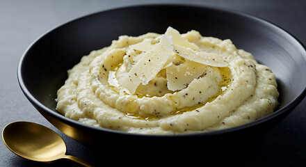 Creamy bowl of food, topped with grated parmesan cheese, drizzled with oil, seasoned with pepper, alongside a golden spoon.