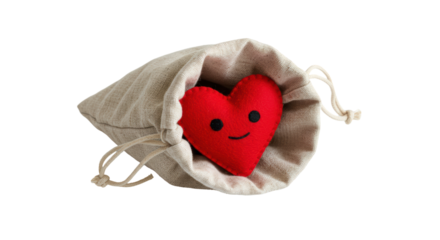 Isolated Linen Bag with Stuffed Red Heart Face